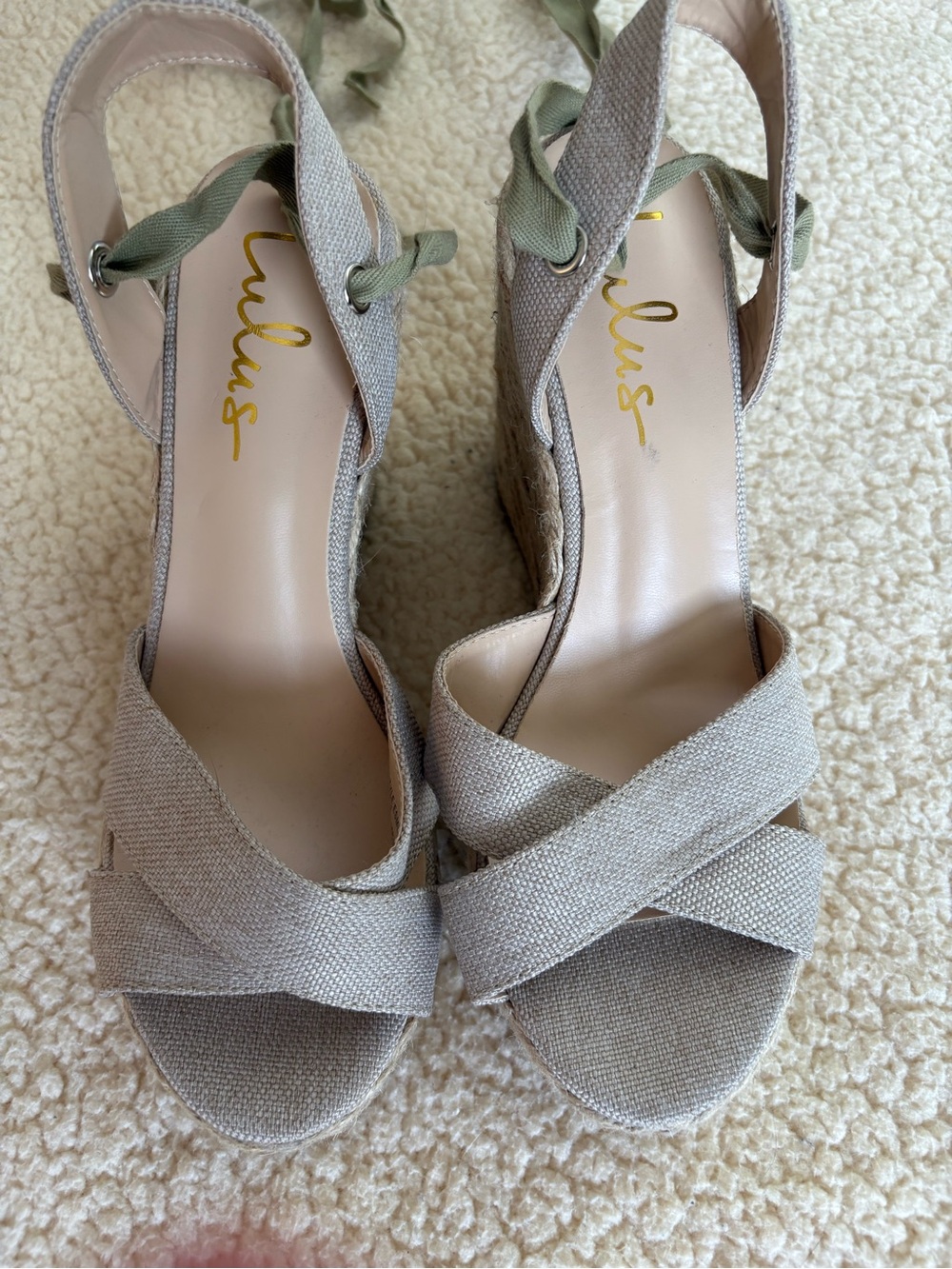 Lulu's Taupe Canvas Cross-Strap Espadrille Wedges with Olive Ties